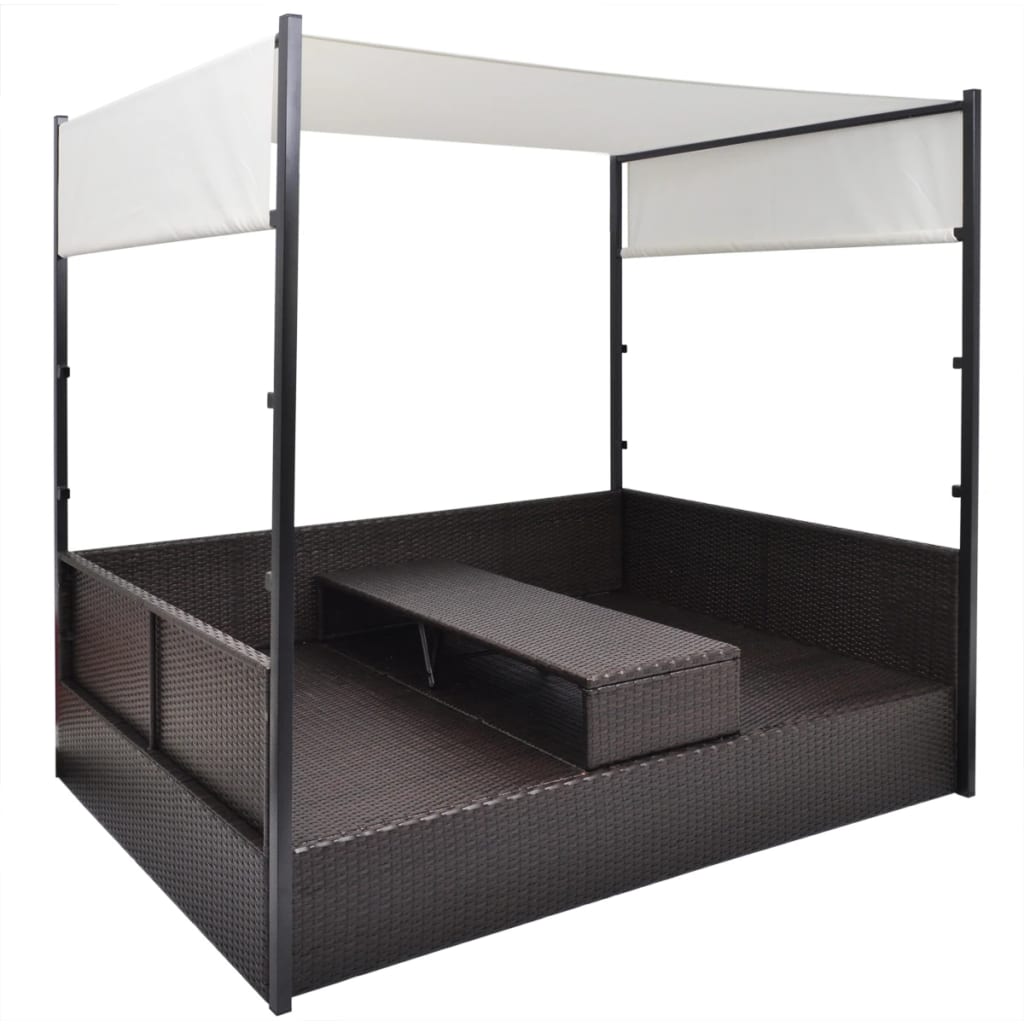 Espreguiçadeira de jardim com toldo 190x130 cm vime PE castanho