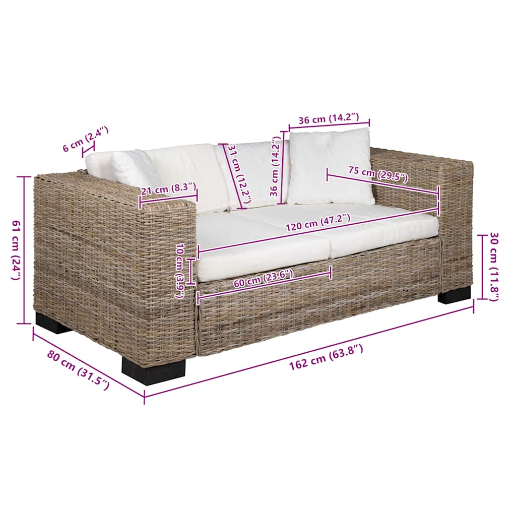 Conjunto de sofá de 2 lugares, 7 pcs, vime genuíno