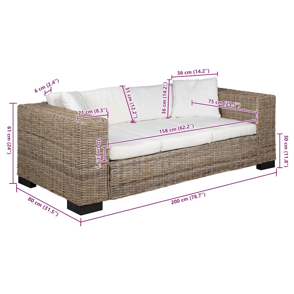 Conjunto de sofás de 3 lugares, 8 pcs, vime genuíno
