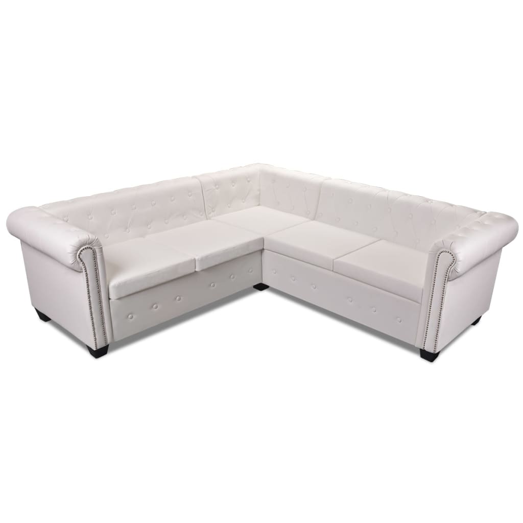 Sofá de canto Chesterfield 5 lugares couro artificial branco