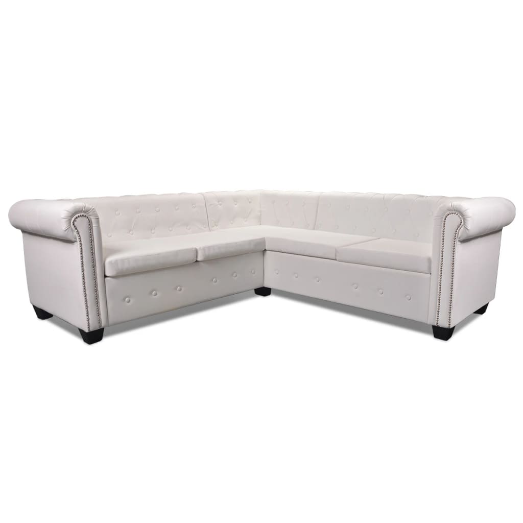 Sofá de canto Chesterfield 5 lugares couro artificial branco