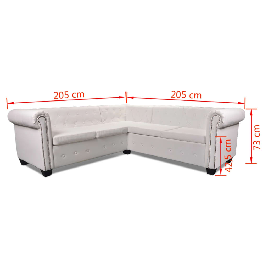 Sofá de canto Chesterfield 5 lugares couro artificial branco