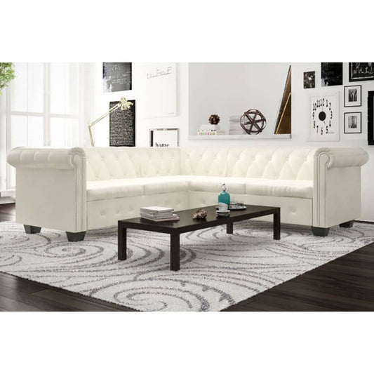 Sofá de canto Chesterfield 5 lugares couro artificial branco