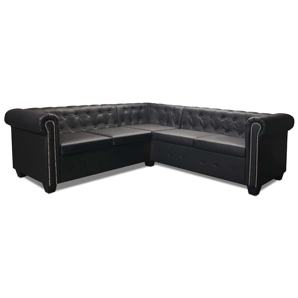 Sofá de canto Chesterfield 5 lugares couro artificial preto