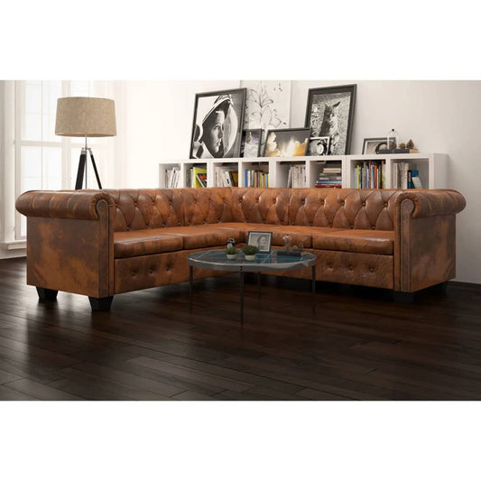 Sofá de canto Chesterfield 5 lugares couro artificial castanho
