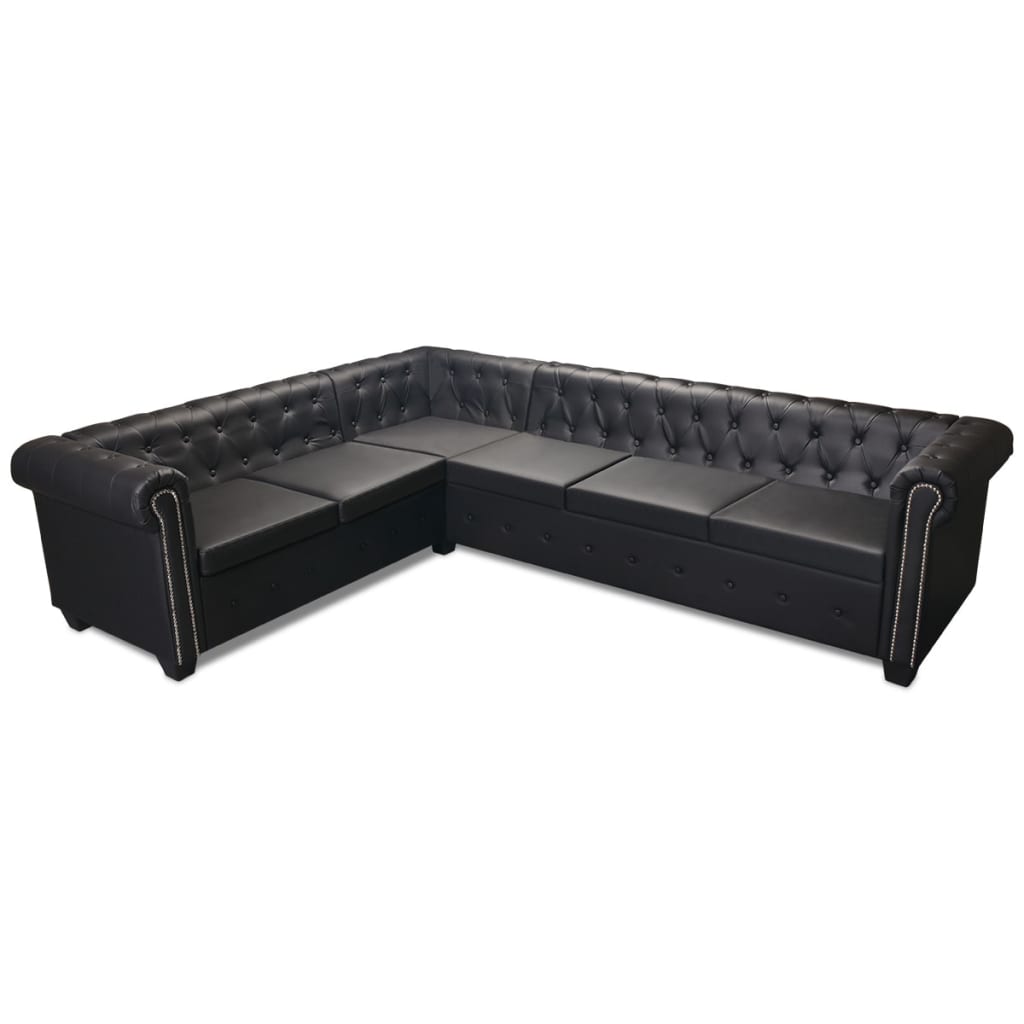 Sofá de canto Chesterfield 6 lugares couro artificial preto