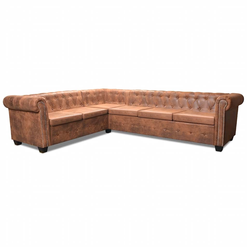 Sofá de canto Chesterfield 6 lugares couro artificial castanho