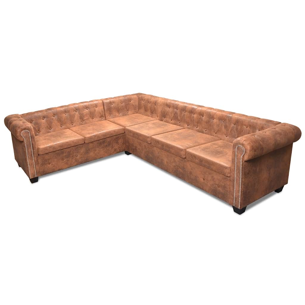 Sofá de canto Chesterfield 6 lugares couro artificial castanho