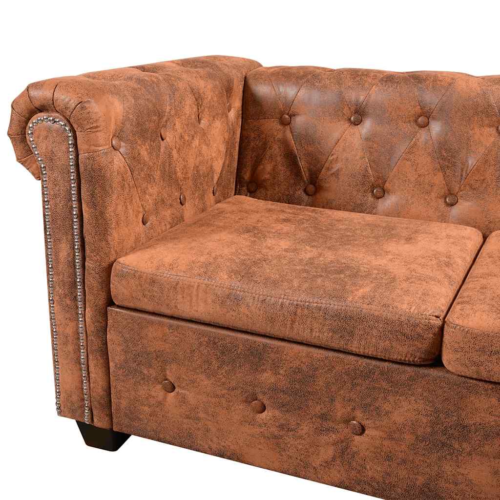 Sofá de canto Chesterfield 6 lugares couro artificial castanho