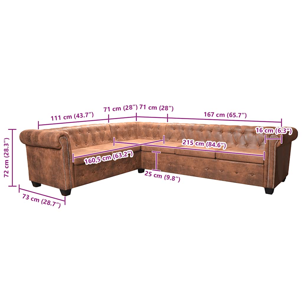 Sofá de canto Chesterfield 6 lugares couro artificial castanho