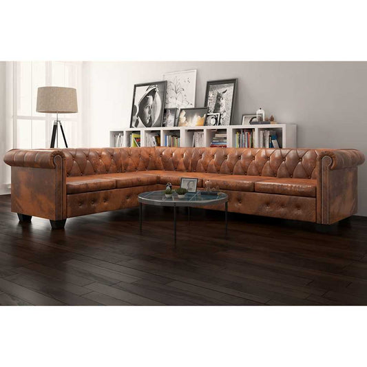 Sofá de canto Chesterfield 6 lugares couro artificial castanho