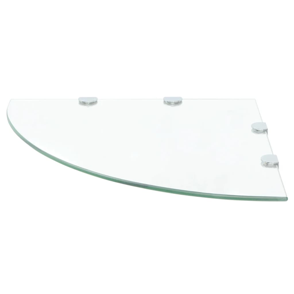 Prateleira canto, suportes cromados, vidro transparente 45x45cm