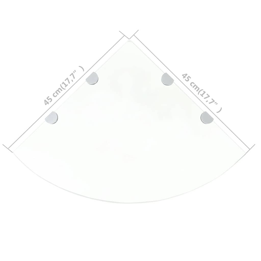 Prateleira canto, suportes cromados, vidro transparente 45x45cm