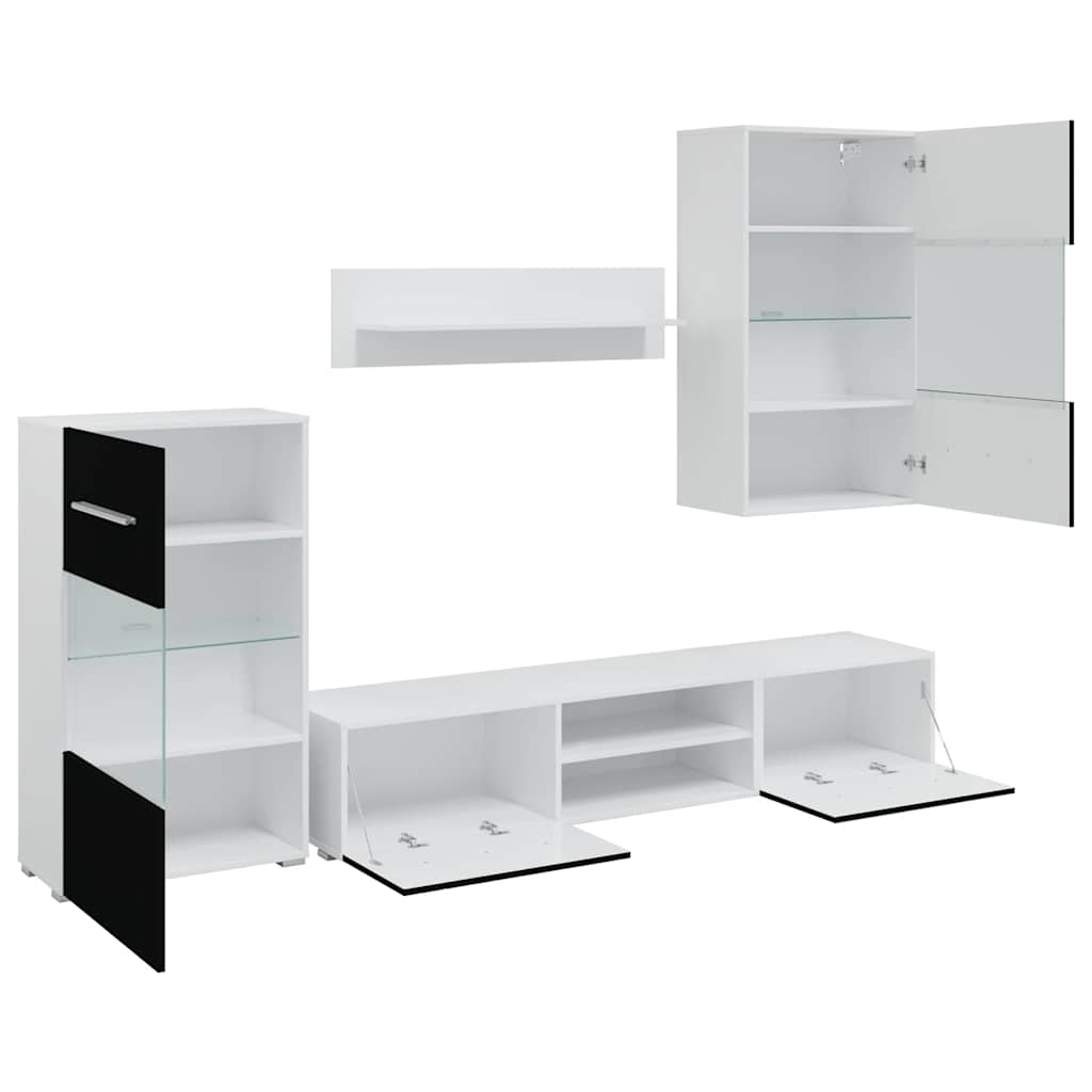 Armários de parede para TV com luz LED preto, 5 pcs