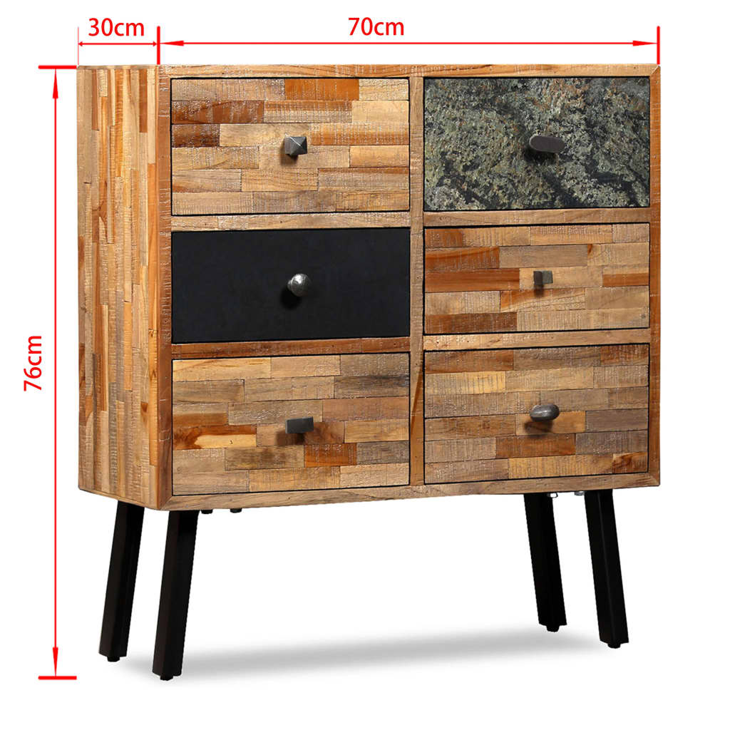 Móvel lateral com 6 gavetas teca reciclada maciça 70x30x76 cm