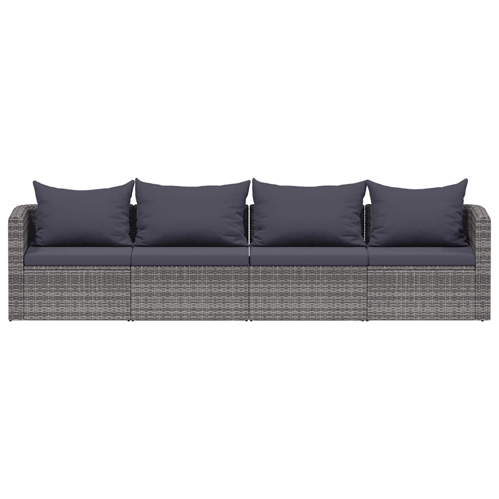 4 pcs conjunto sofás de jardim c/ almofadões vime PE cinzento