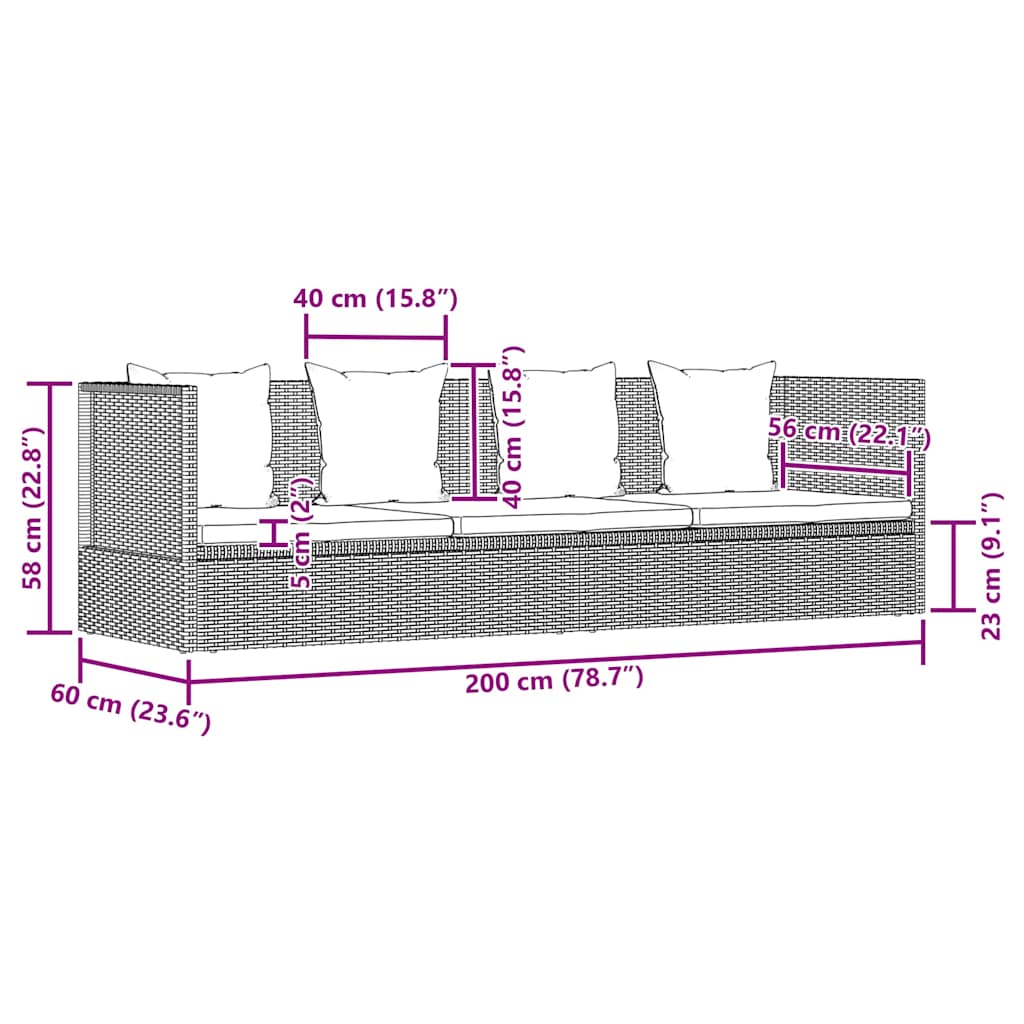 Espreguiçadeira de jardim 200x60 cm vime PE cinzento