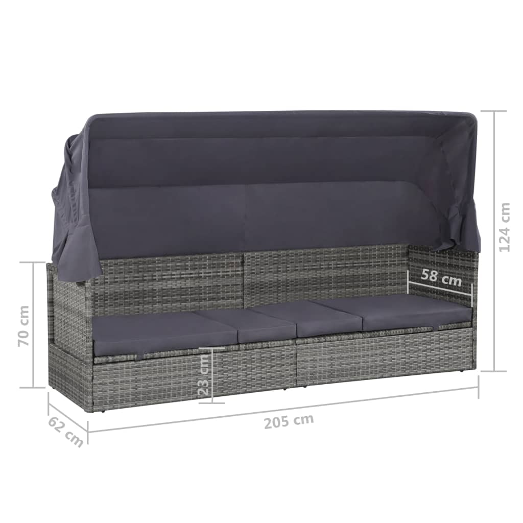 Espreguiçadeira de jardim com toldo 205x62 cm vime PE cinzento