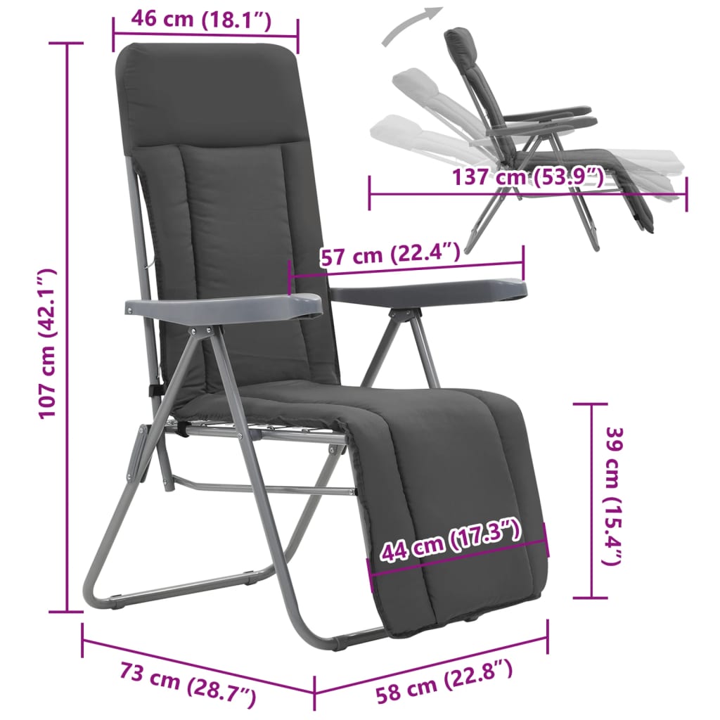 Cadeiras de jardim dobráveis com almofadões 2 pcs cinzento