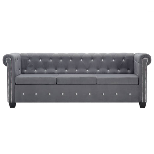Sofá chesterfield três lugares veludo 199x75x72cm cinzento