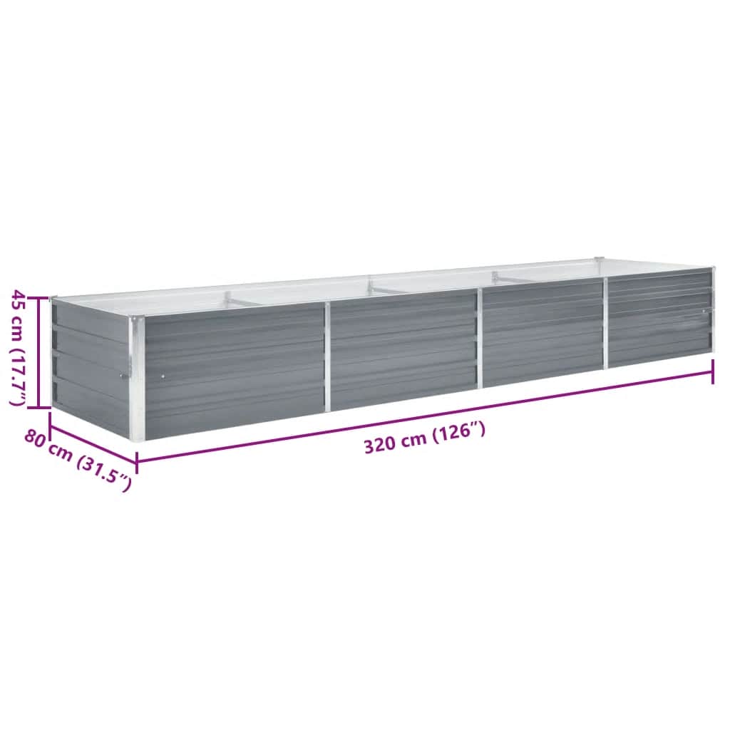 Canteiro elevado de jardim aço galvanizado 320x80x45cm cinzento