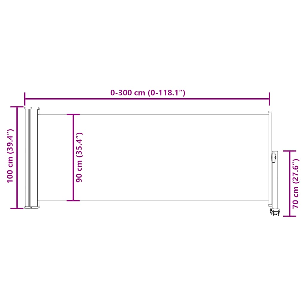 Toldo lateral retrátil para pátio 100x300 cm cinzento