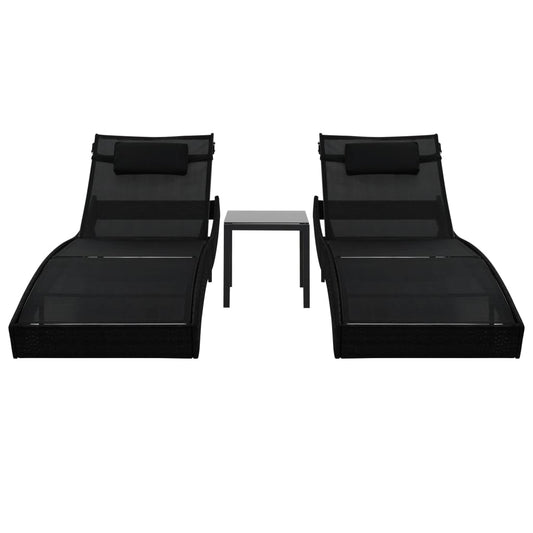 Espreguiçadeiras com mesa 2 pcs vime PE e textilene preto