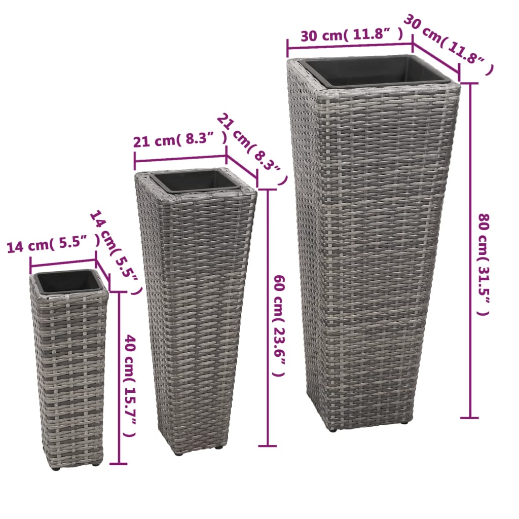 Vasos/floreiras de jardim elevados 3 pcs vime PE cinzento