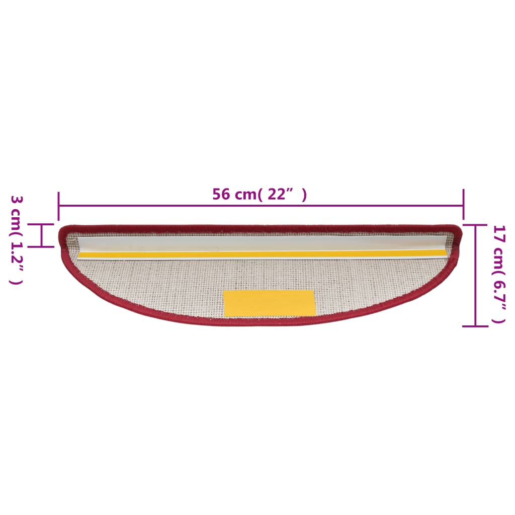Tapetes de escada 15 peças 56x17x3 cm Bordeaux Semi-redondos