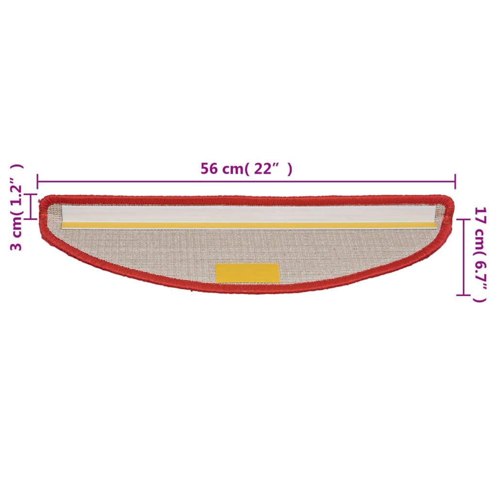 Tapetes de escada 15 peças 56x17x3 cm vermelho semicircular