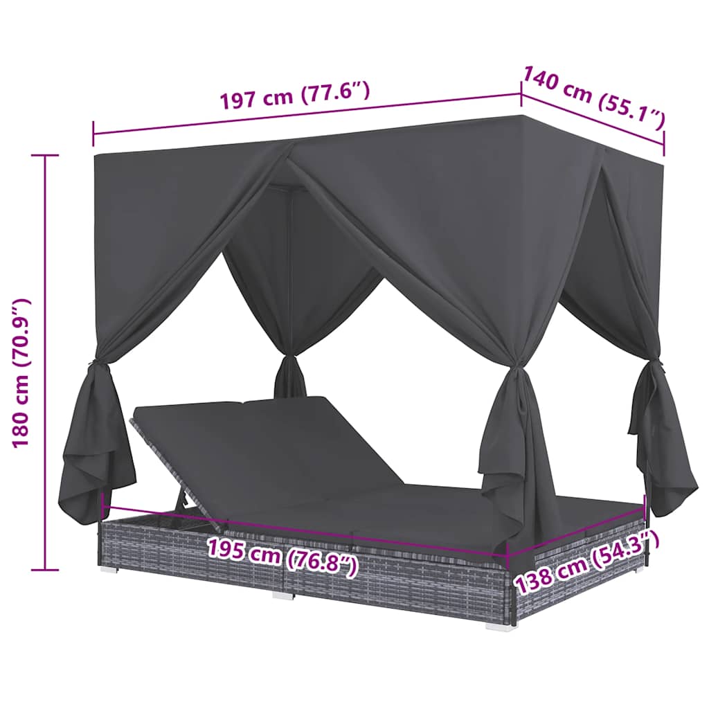 Espreguiçadeira de exterior com cortinas em vime PE cinzento