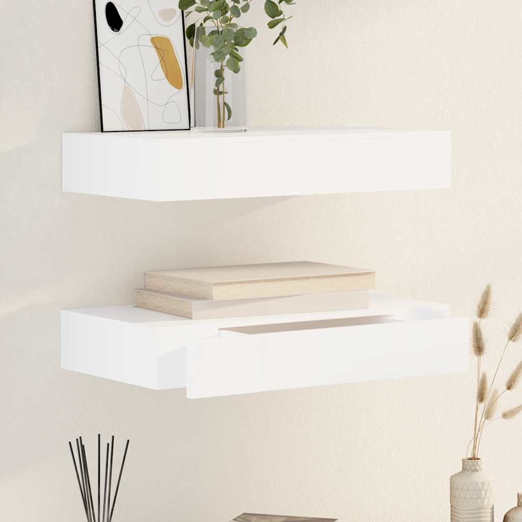 Prateleiras de parede suspensas com gavetas 2 pcs branco 48 cm