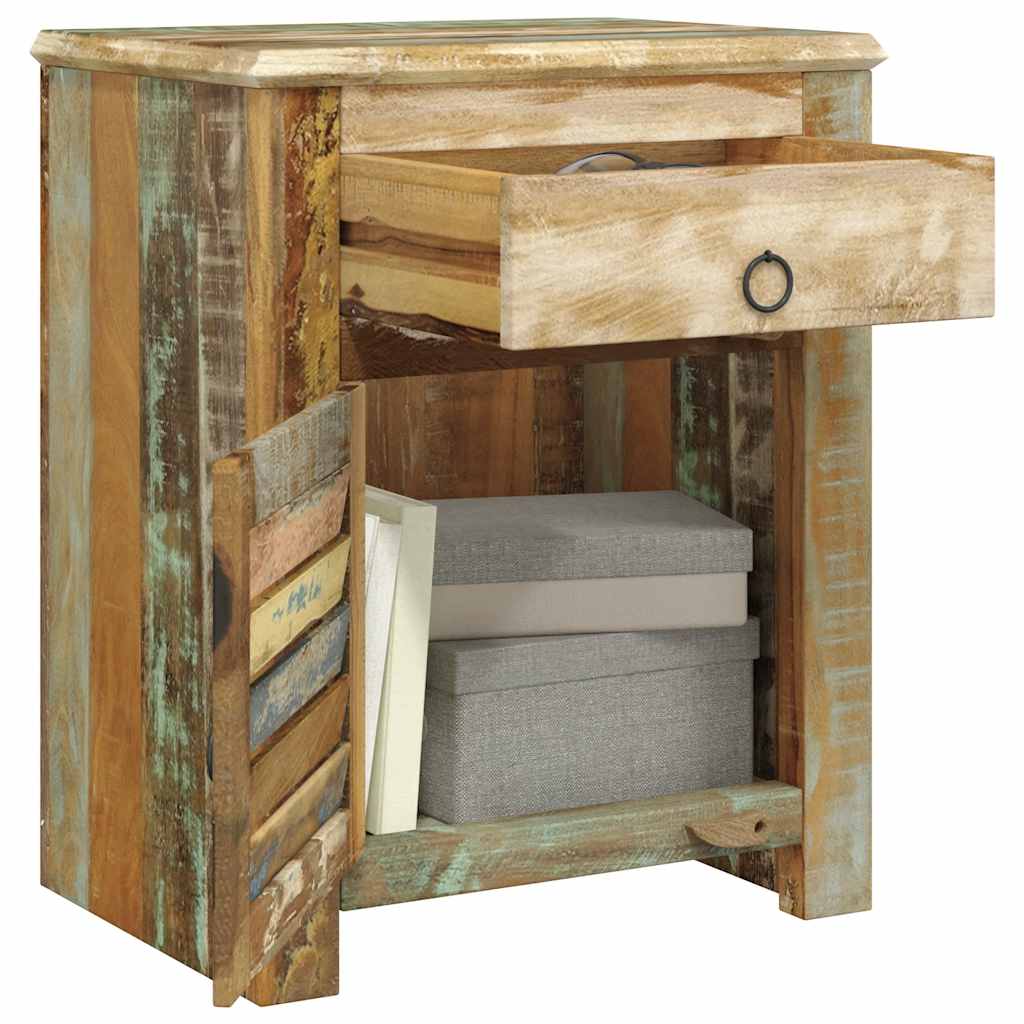 Mesa de apoio com 1 gaveta e 1 porta, madeira reciclada