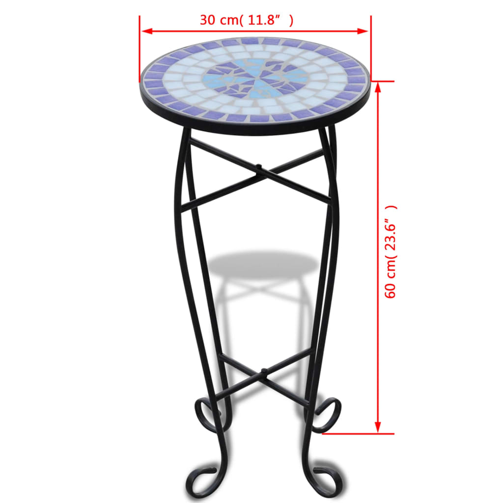 Mesa de apoio para plantas em mosaico azul e branco