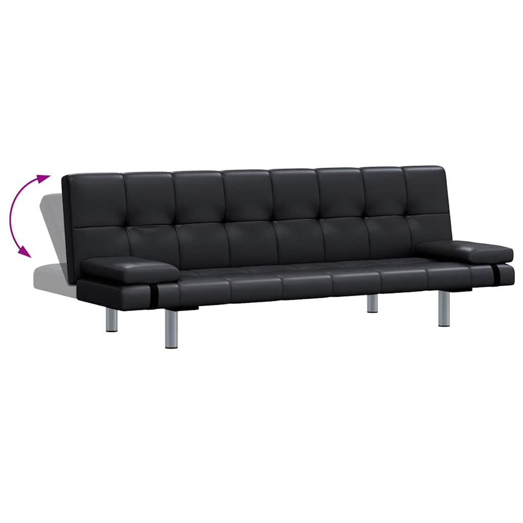 Sofa-cama ajustável com 2 almofadas couro artificial preto