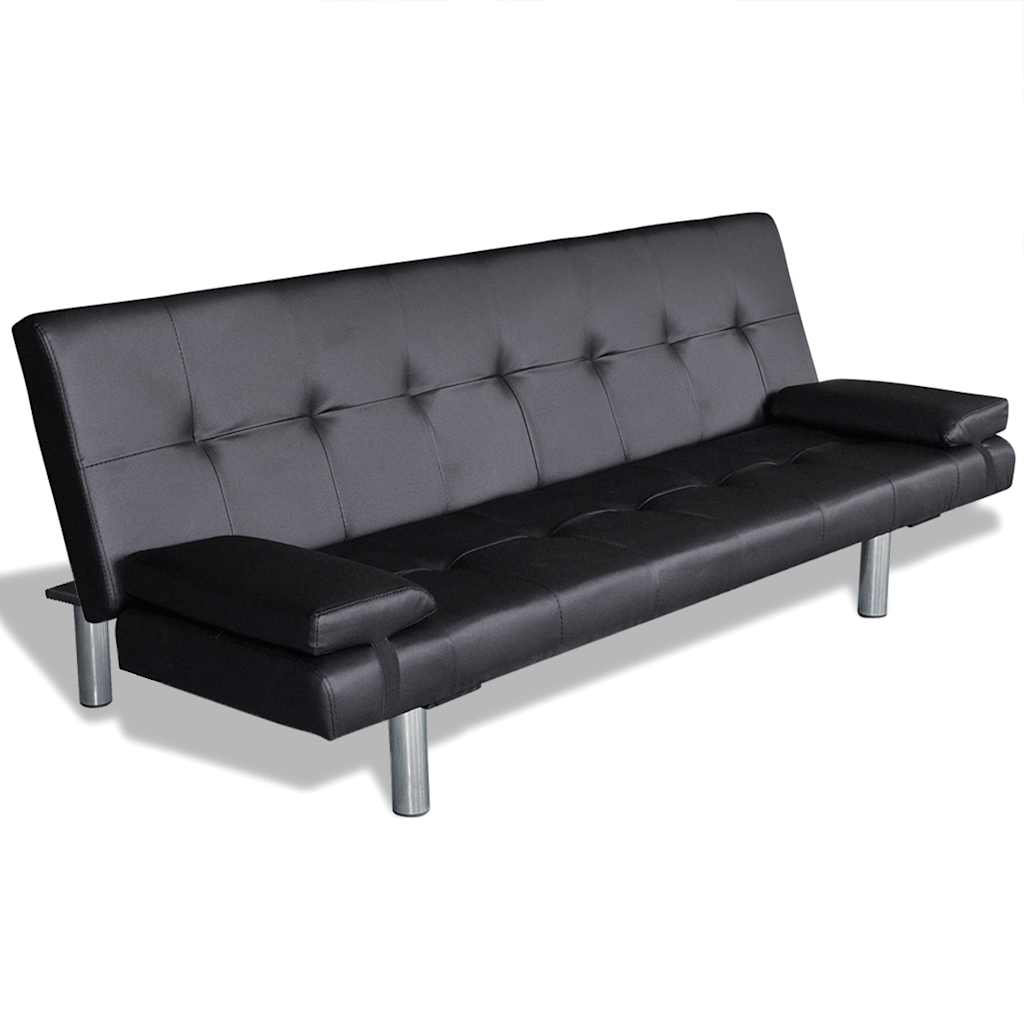 Sofa-cama ajustável com 2 almofadas couro artificial preto