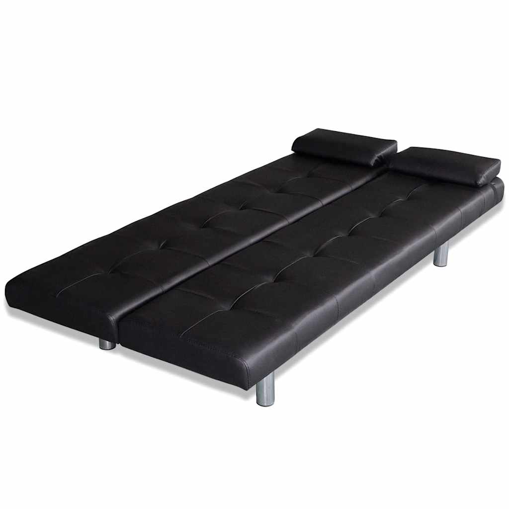 Sofa-cama ajustável com 2 almofadas couro artificial preto