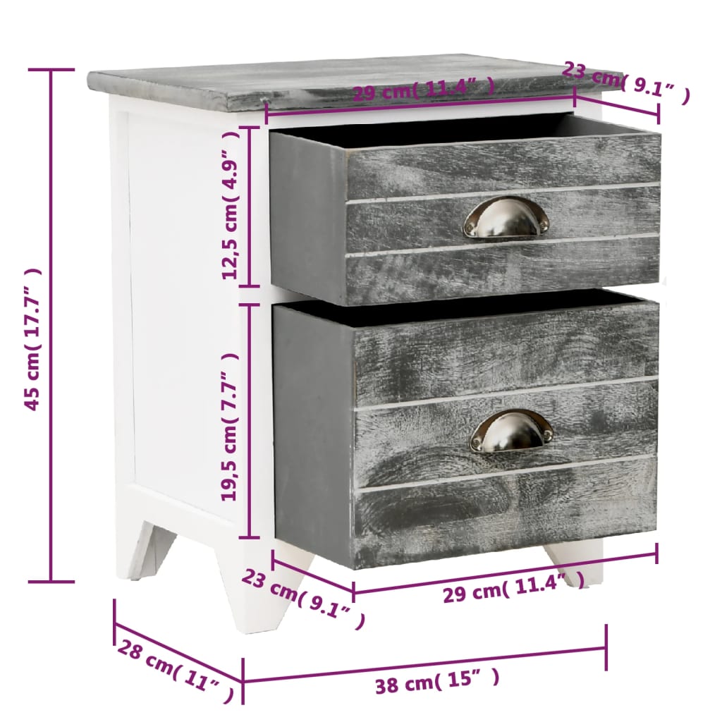Mesa de cabeceira com 2 gaveta 2 pcs cinzento e branco