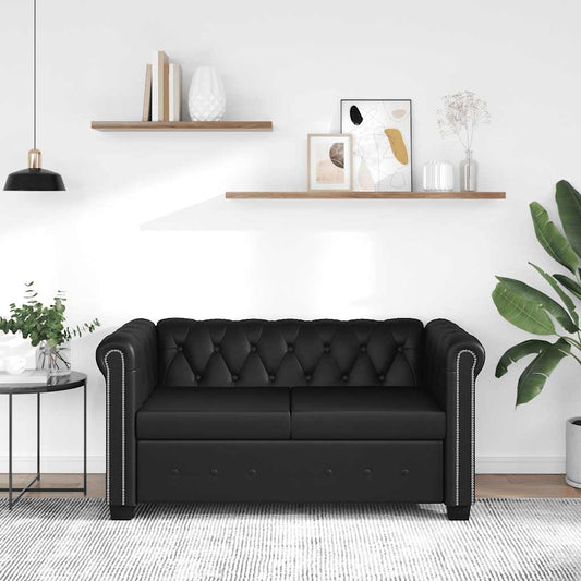 Sofá Chesterfield de 2 lugares em couro artificial preto