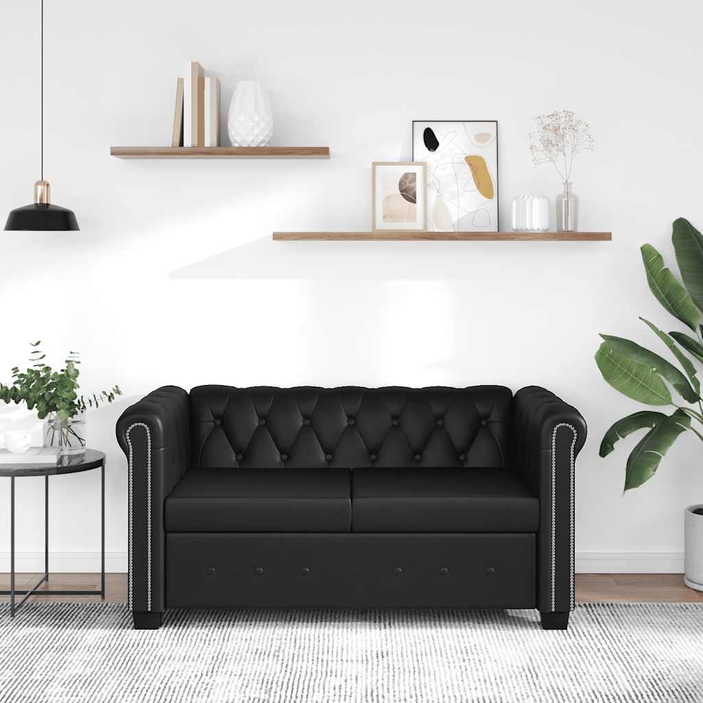 Sofá Chesterfield de 2 lugares em couro artificial preto