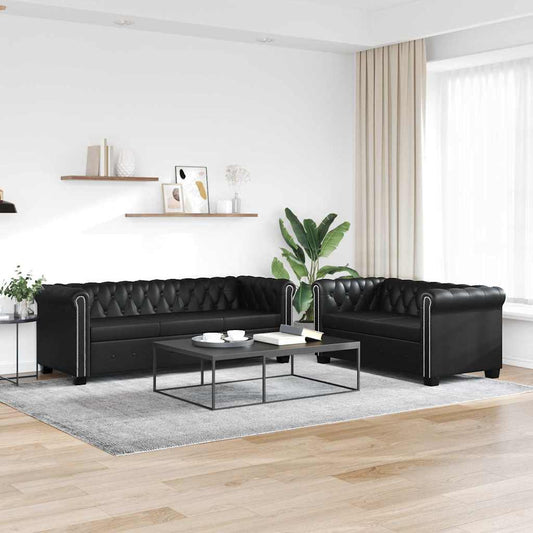 Conjunto sofás Chesterfield 2 + 3 lugares couro artific. preto