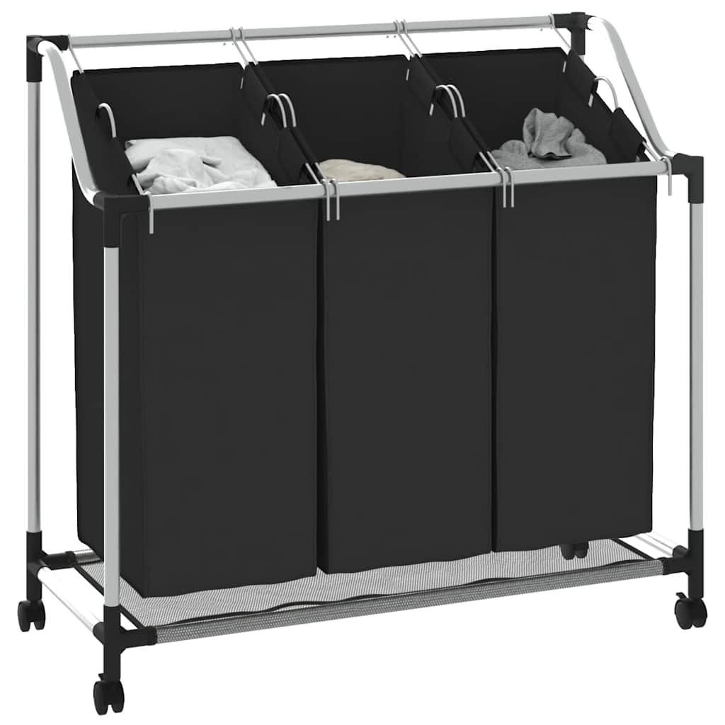 Separador de roupa suja com 3 sacos aço preto