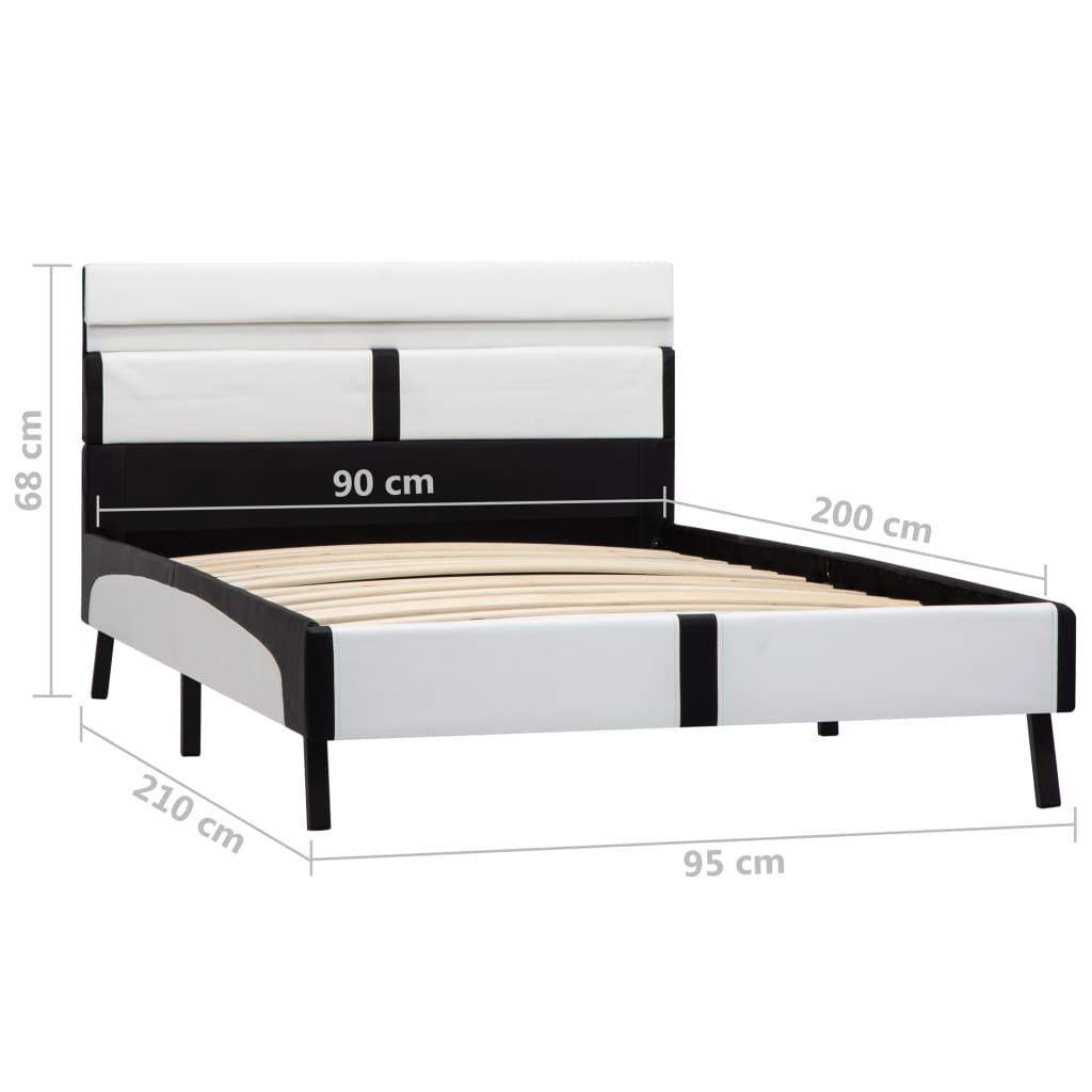 Estrutura cama c/ LED 90x200 cm couro artificial branco e preto
