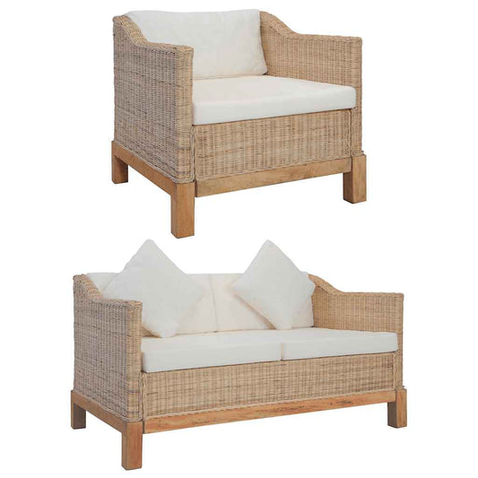 2 pcs conjunto de sofás com almofadões vime natural
