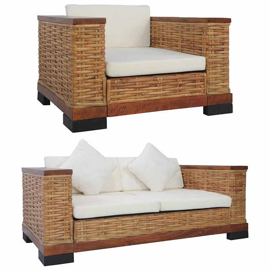 2 pcs conjunto de sofás com almofadões vime natural castanho
