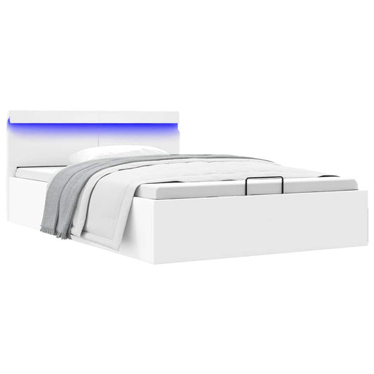 Cama hidráulica c/ arrumação LED 120x200cm couro artifi. branco