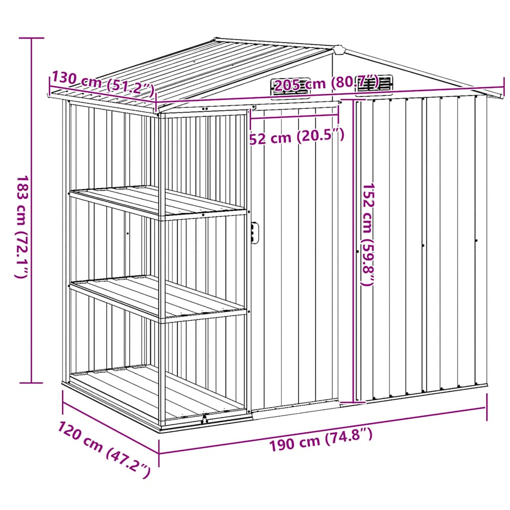 Abrigo de jardim c/ prateleiras 205x130x183 cm ferro cinzento