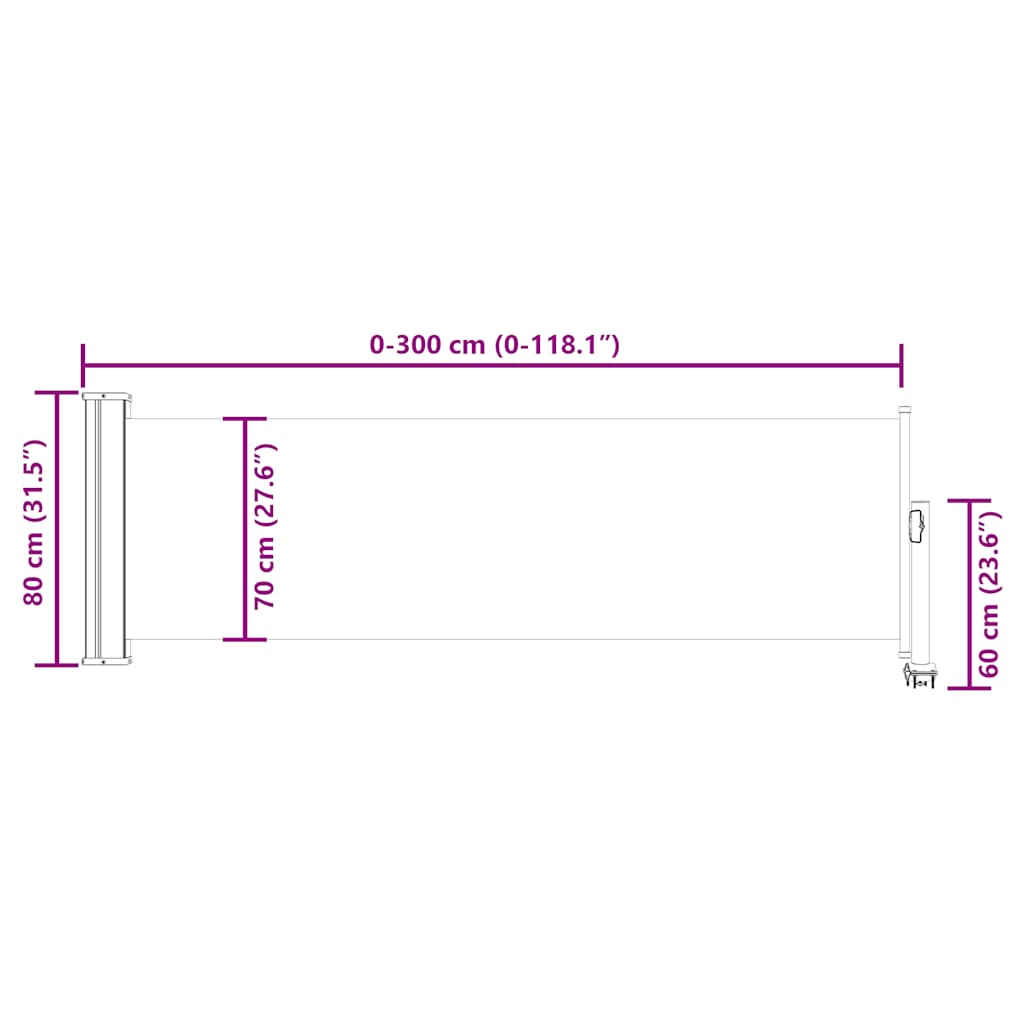 Toldo lateral retrátil para pátio 80x300 cm cinzento