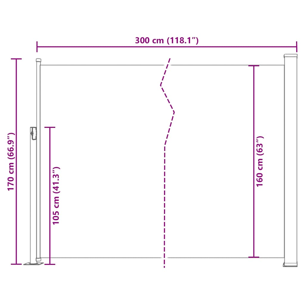 Toldo lateral retrátil para pátio 170x300 cm creme