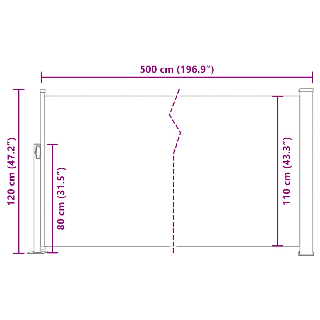 Toldo lateral retrátil para pátio 120x500 cm castanho